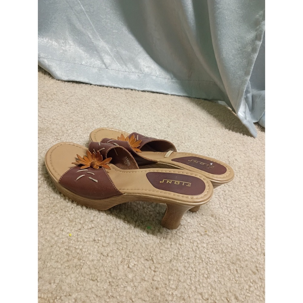 Vintage 90s Fioni 31609 Brown Leather Flower Block Heel Open Toe Sandals 8W Y2K